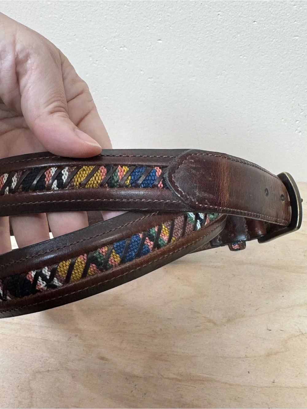 Columbia Brown Leather Belt Multicolor Woven Accents 42 Outdoor Gorpcore